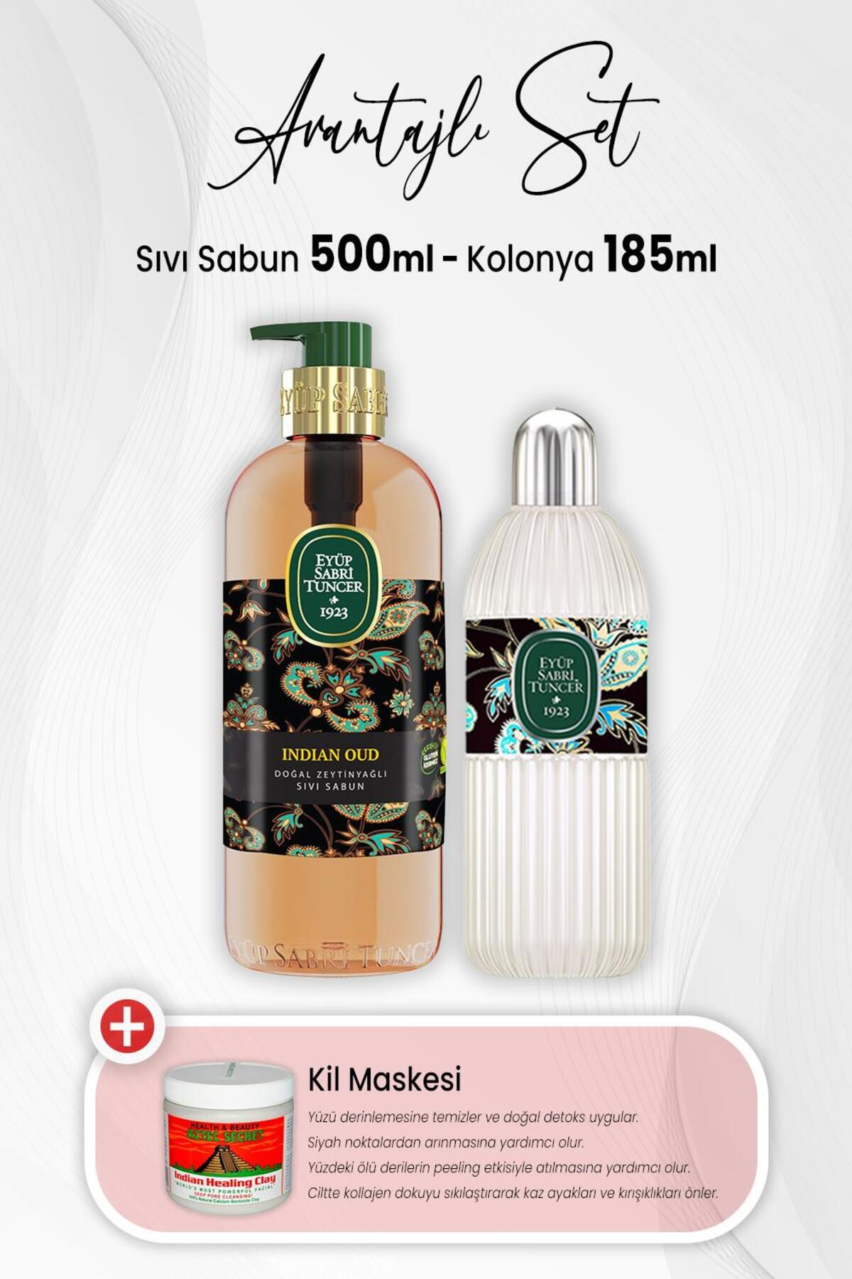 Indian Oud Sıvı Sabun 500 ml, Kolonya 185 ml Cam Şişe ve Kil Maskesi