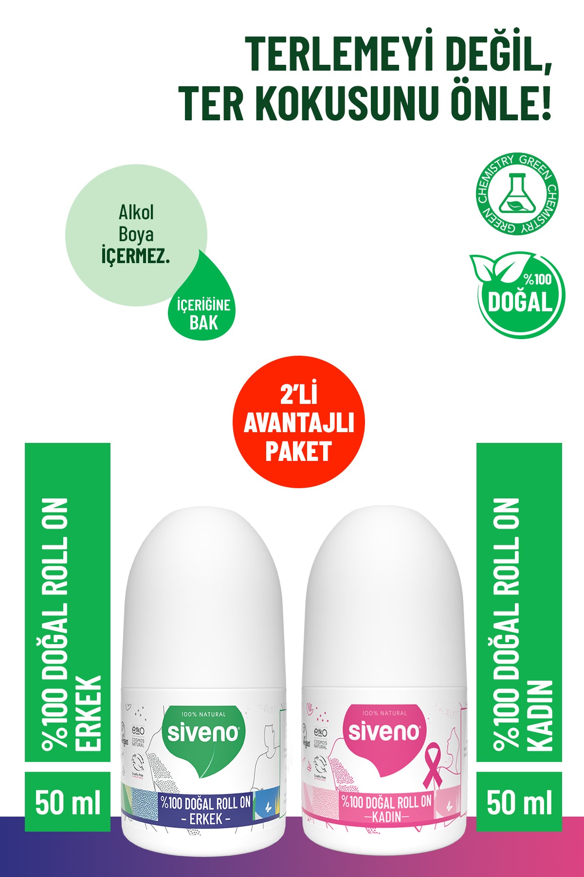 %100 Doğal Roll-on Kadın + Erkek Deodorant Ter Kokusu Önleyici Leke Bırakmayan 50 ml 2'li Set