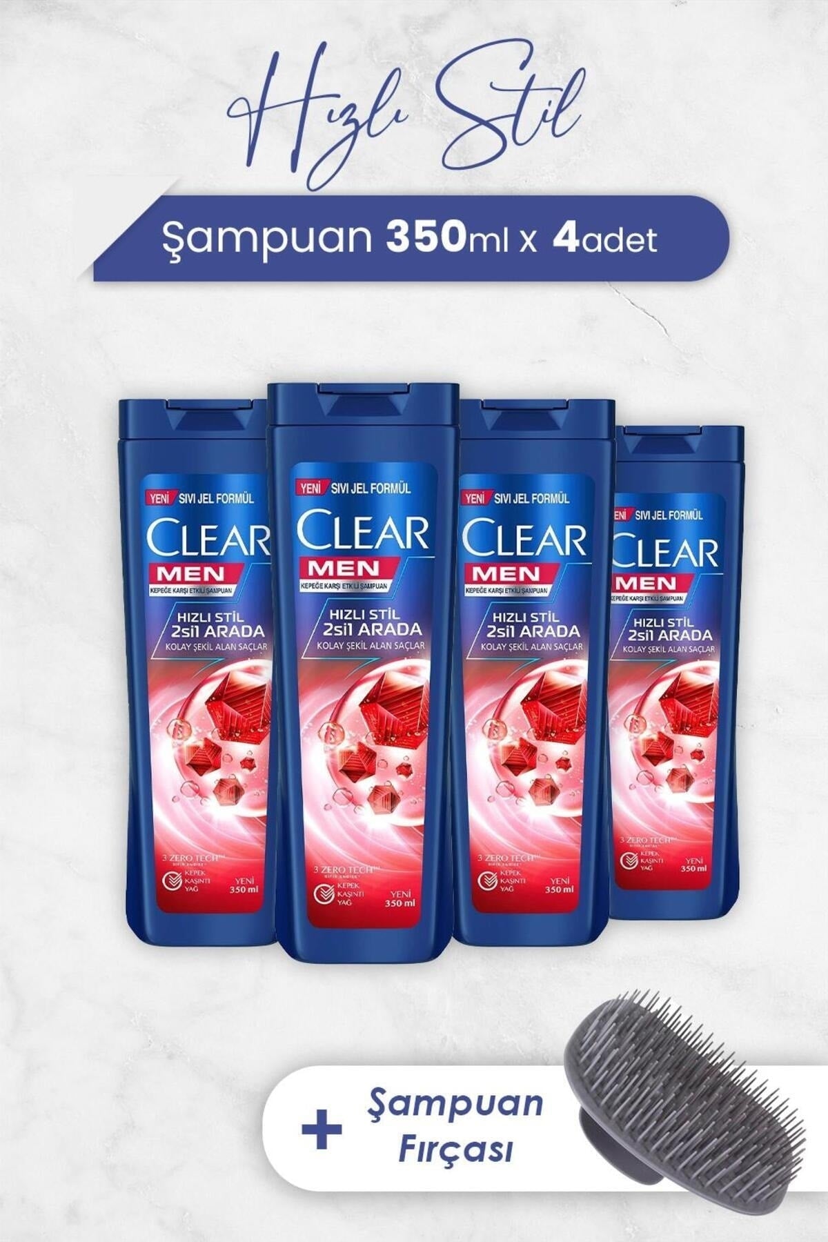 Men Şampuan Hızlı Stil 2'si 1 Arada 350 ml x 4 Adet ve Şampuan Fırçası