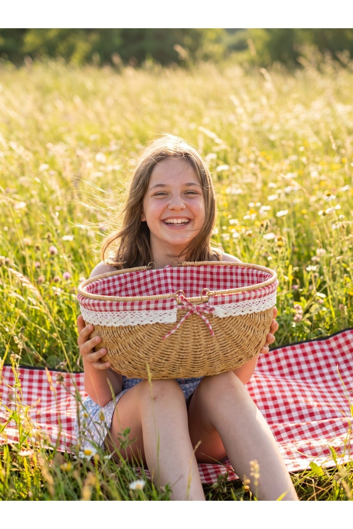 Piknik Sepeti Oval Hasır Detaylı 38 cm