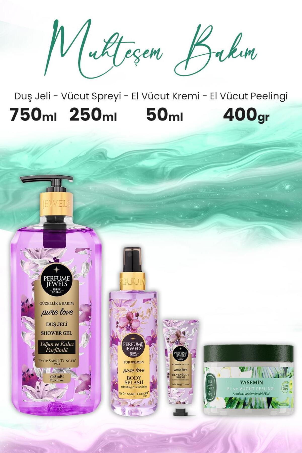 Vücut Peeling Yasemin 400 gr, Pure Love El Kremi 50 ml, Duş Jeli 750 ml ve Body Sp