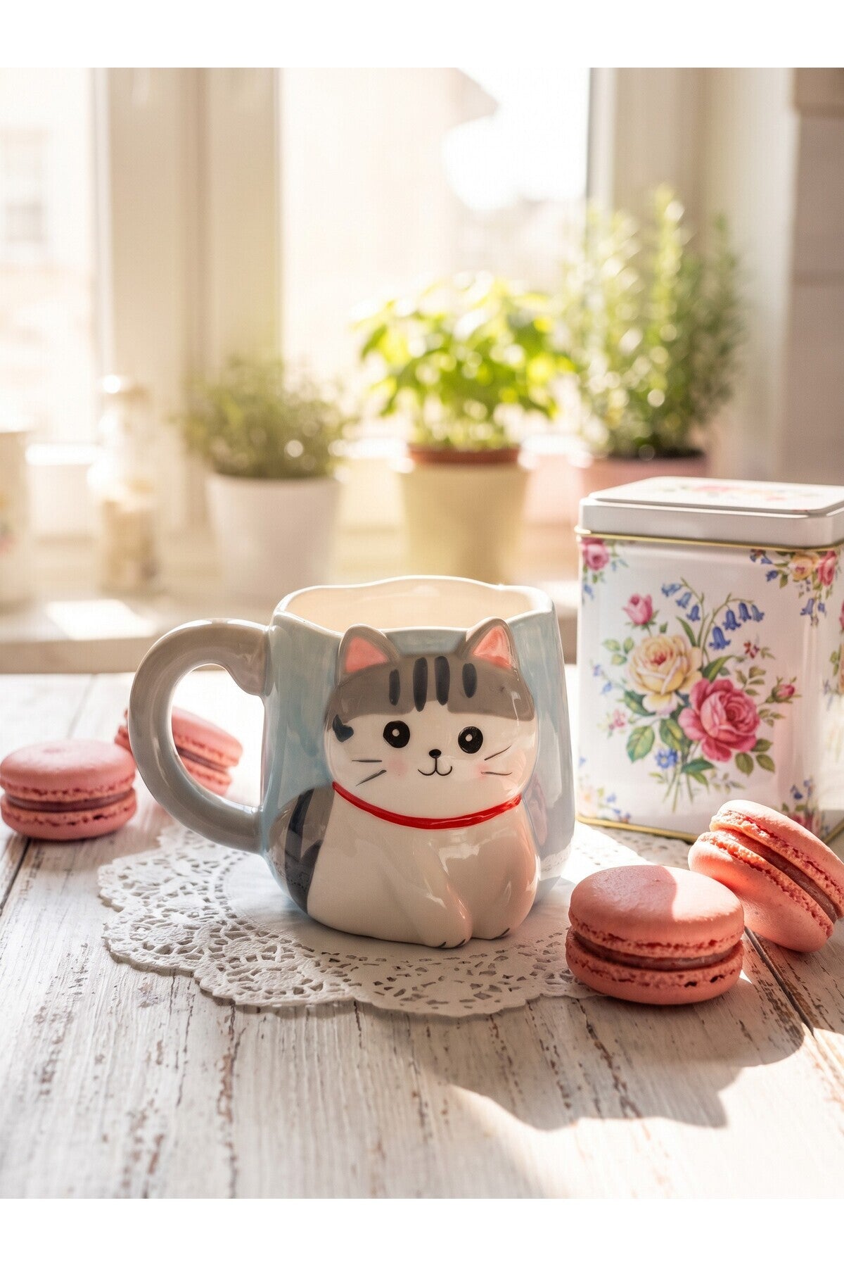Kuyruk Detaylı Kulp, Açık Mavi 3D Kedi Figürlü Kupa 405 ml