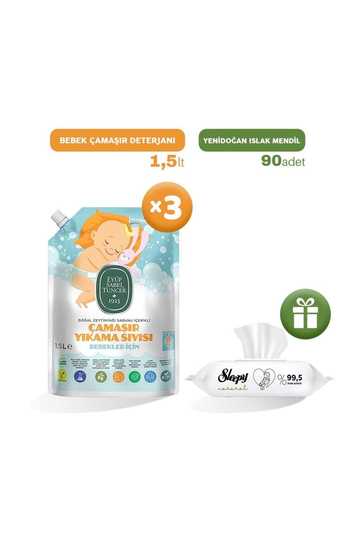 Bebek Çamaşır Deterjanı 1500 ml x 3, Islak Mendil Hediye
