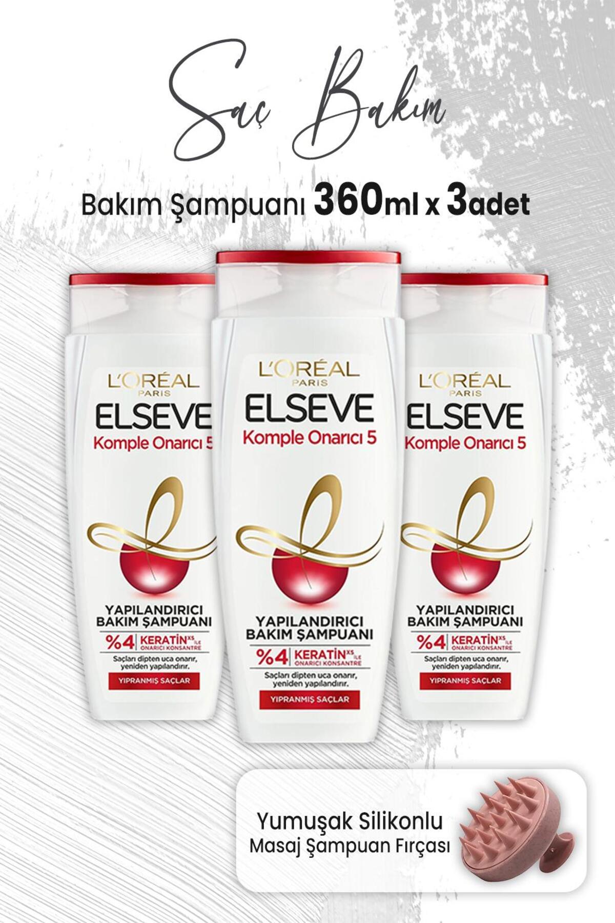 Komple Onarıcı 5 Yapılandırıcı Şampuan 360 ml x 3 Adet ve Masaj Şampuan Fırçası Pembe