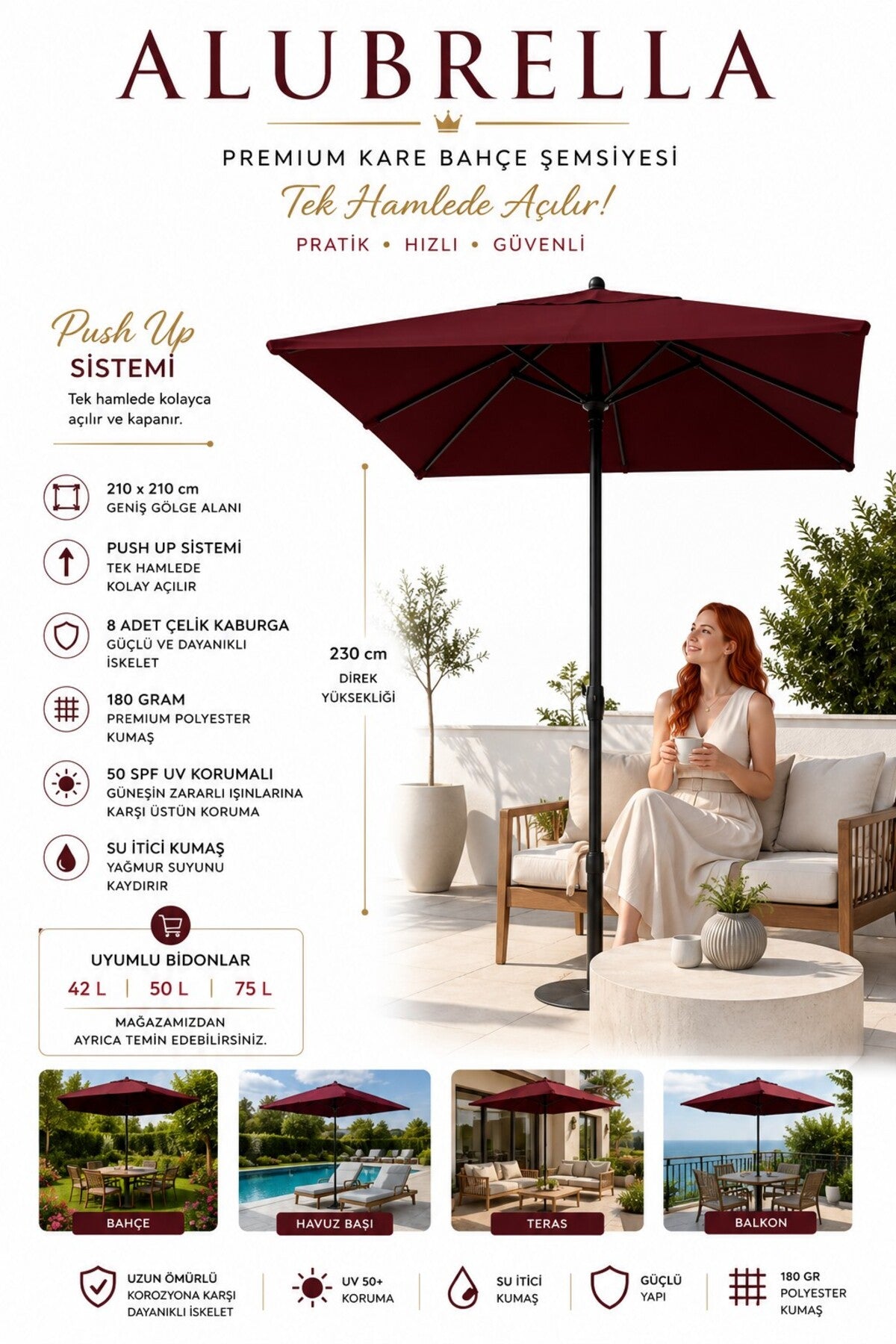 ALUBRELLA Premium 210 x 210 cm Kare Bahçe Şemsiyesi, 180 gr Polyester, 50 SPF UV Korumalı, 8 Çelik Kaburga, Bidonsuz