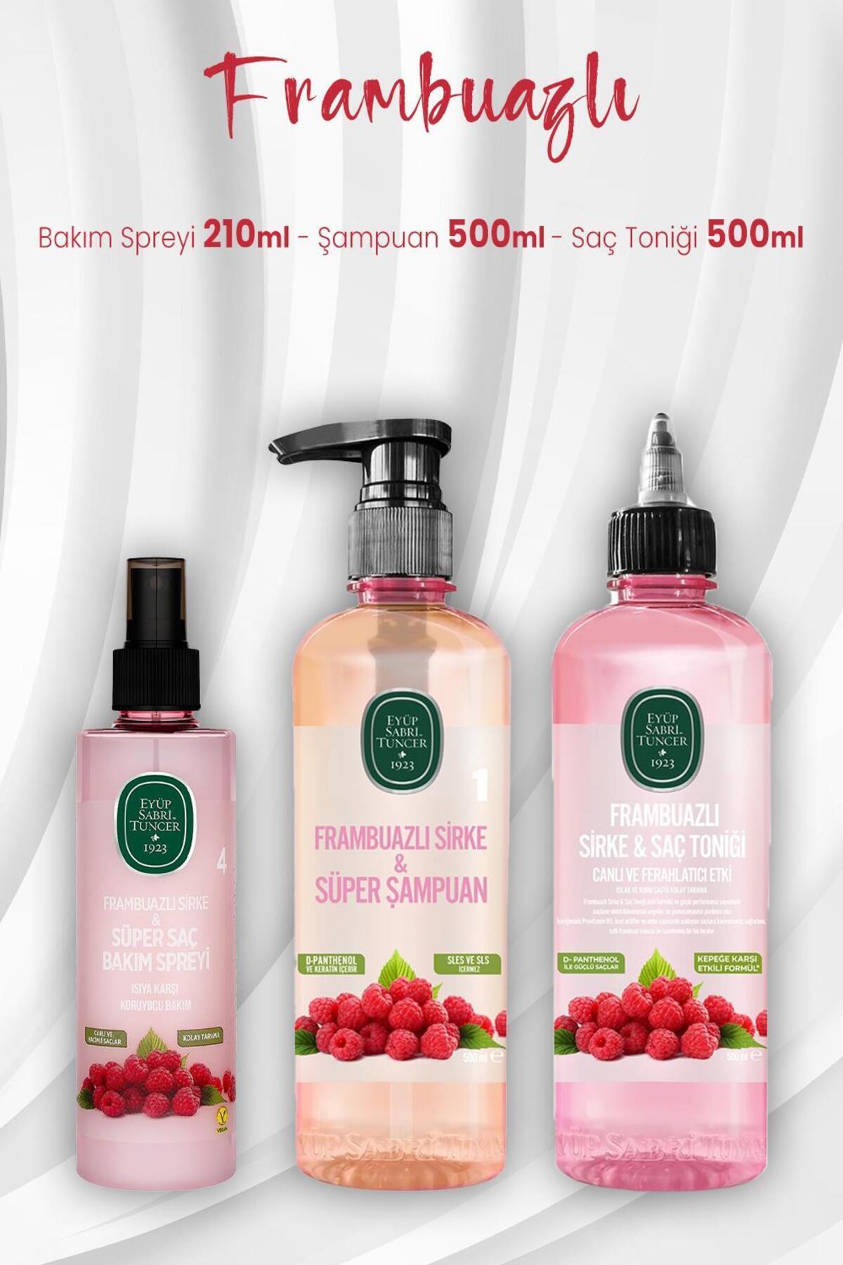 Frambuazlı Saç Bakım Spreyi 210 ml, Şampuan 500 ml ve Saç Toniği 500 ml