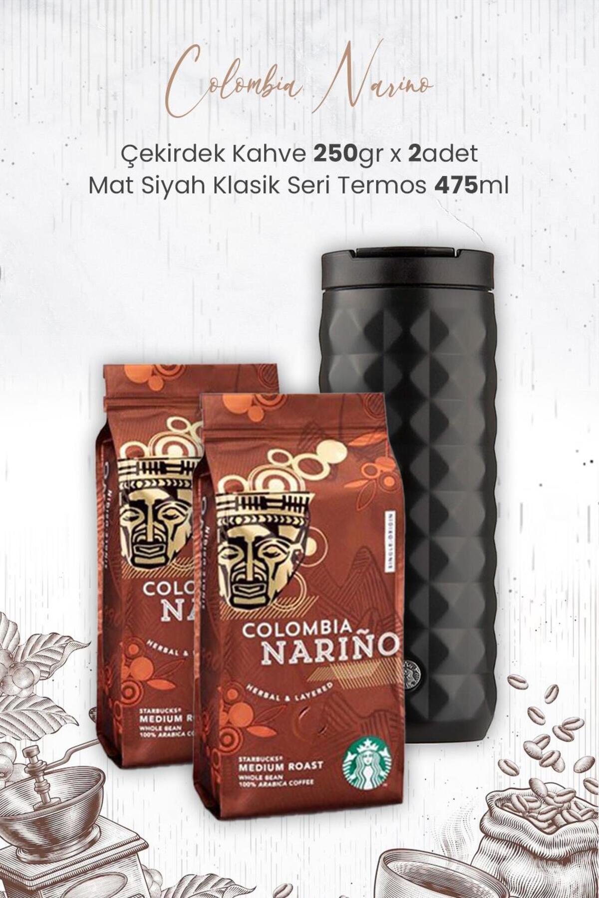 Colombia Narino Çekirdek Kahve 250 gr x 2 Adet ve Mat Siyah Klasik Seri Termos