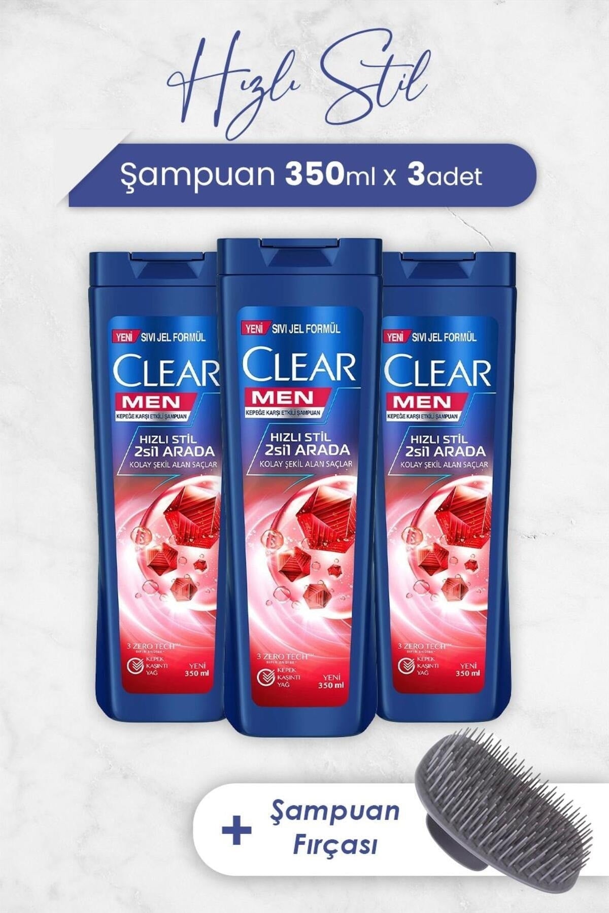 Men Şampuan Hızlı Stil 2'si 1 Arada 350 ml x 3 Adet ve Şampuan Fırçası