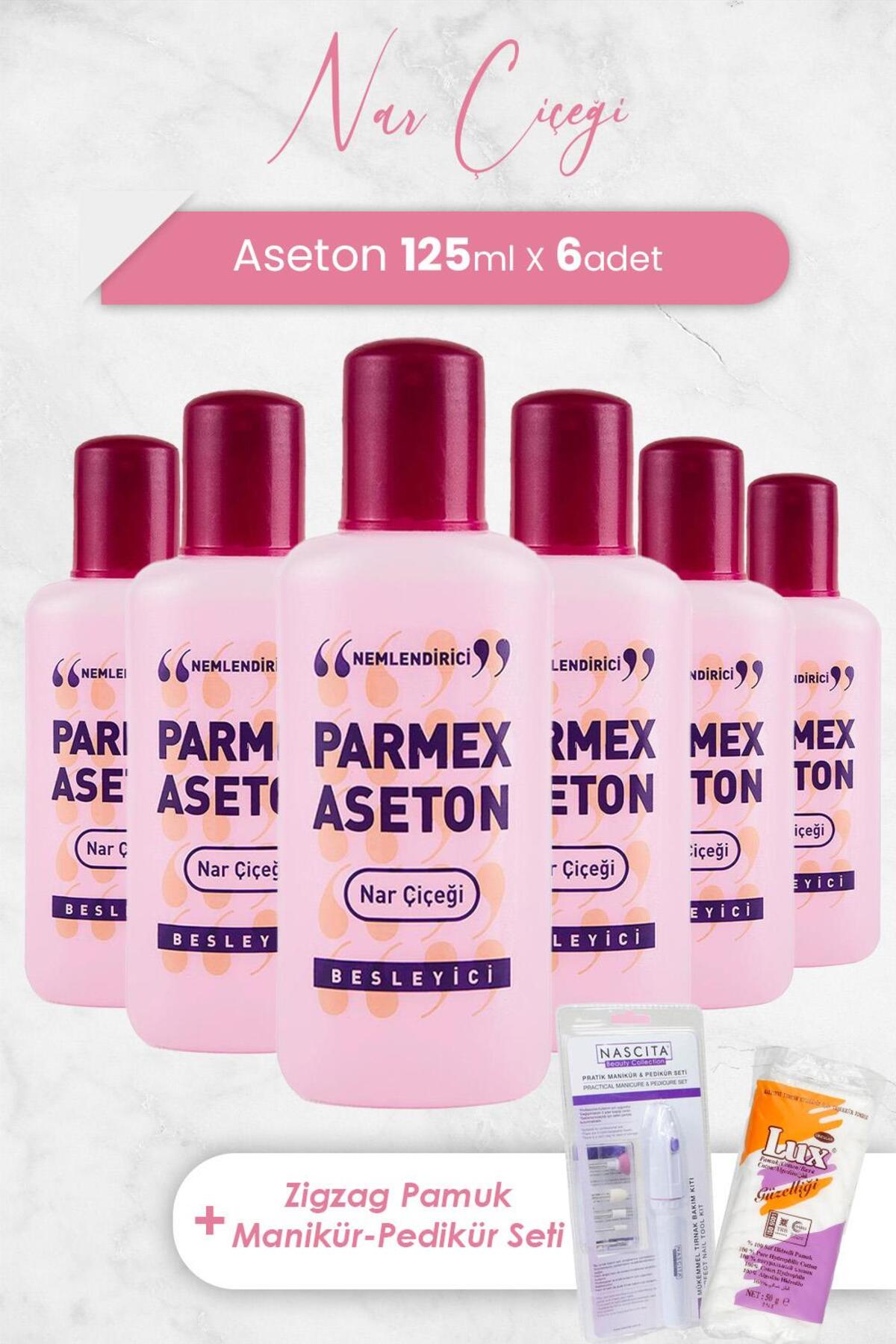 Aseton Nar Çiçeği Pembe 125 ml X 6 Adet, Pratik Manikür & Pedikür Seti Ve Zigzag Pamuk 100 gr