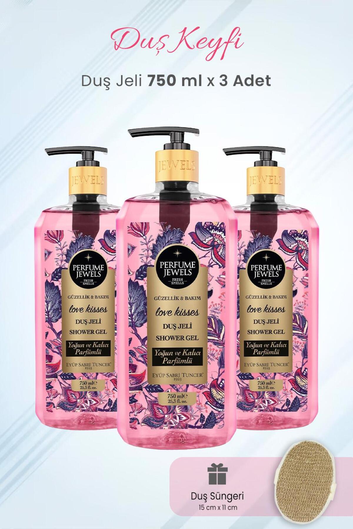Duş Jeli Love Kisses 750 ml x 3 Adet ve Duş Süngeri