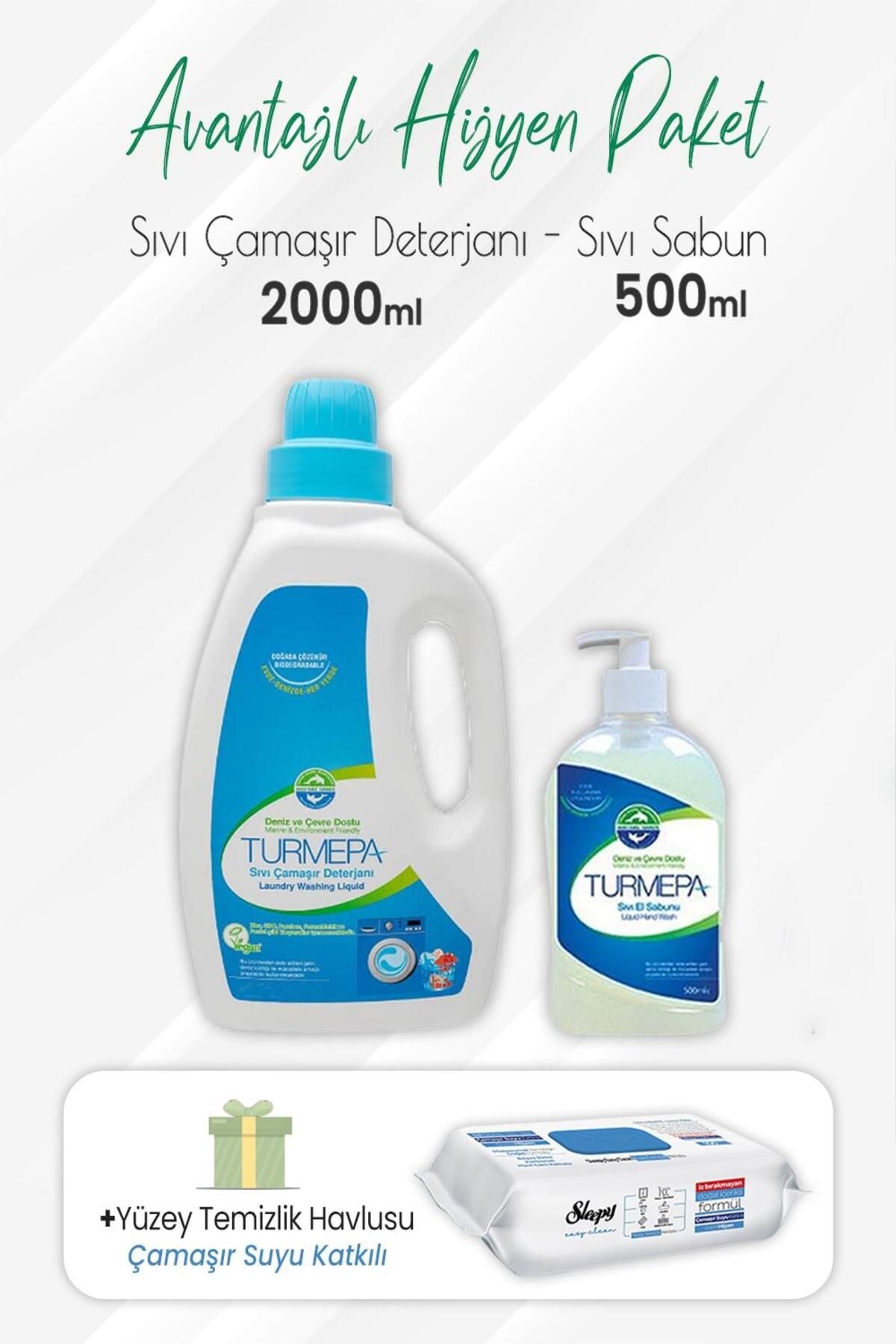 Sıvı Çamaşır Deterjanı 2 lt, Sıvı Sabun 500 ml ve Çamaşır Sulu Havlu 100'lü