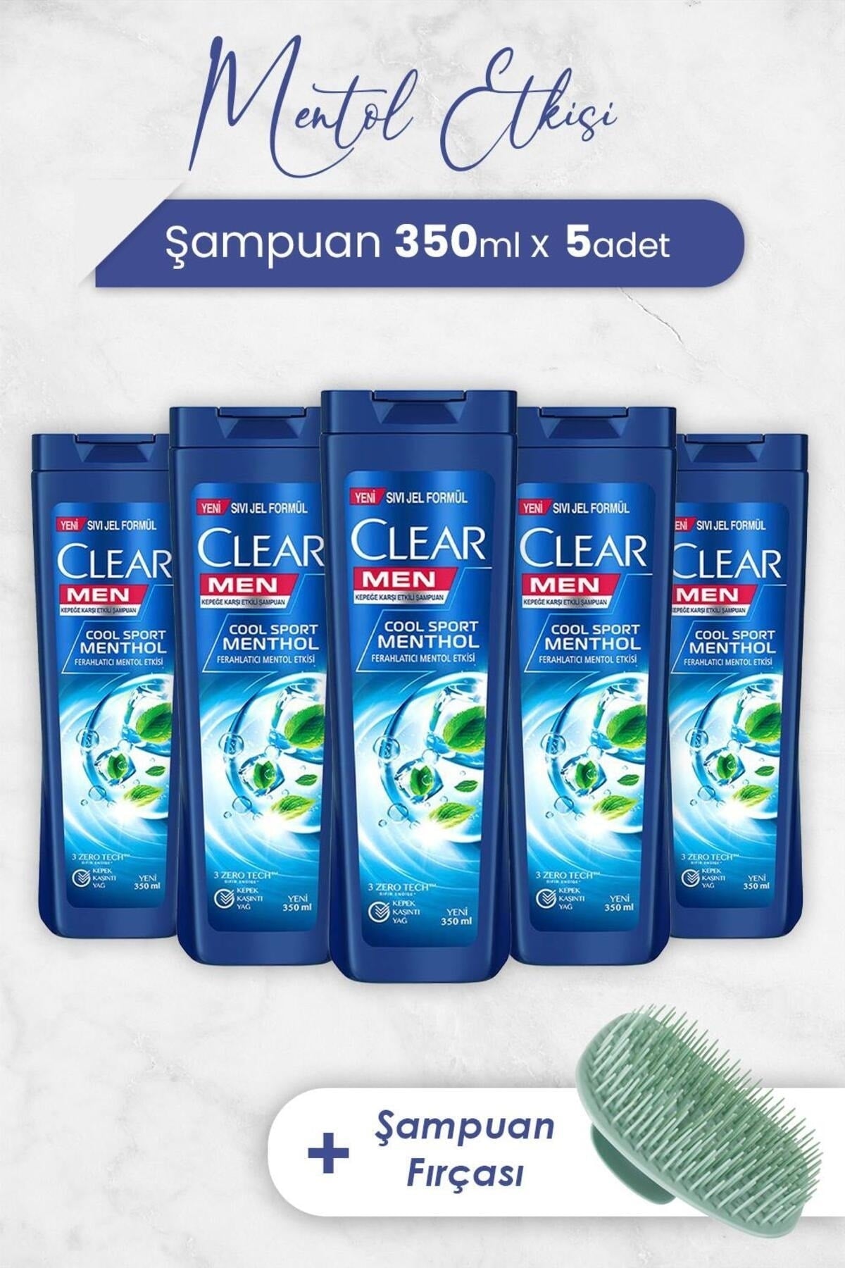 Men Şampuan Ferahlatıcı Mentol Etkisi 350 ml x 5 Adet ve Şampuan Fırçası