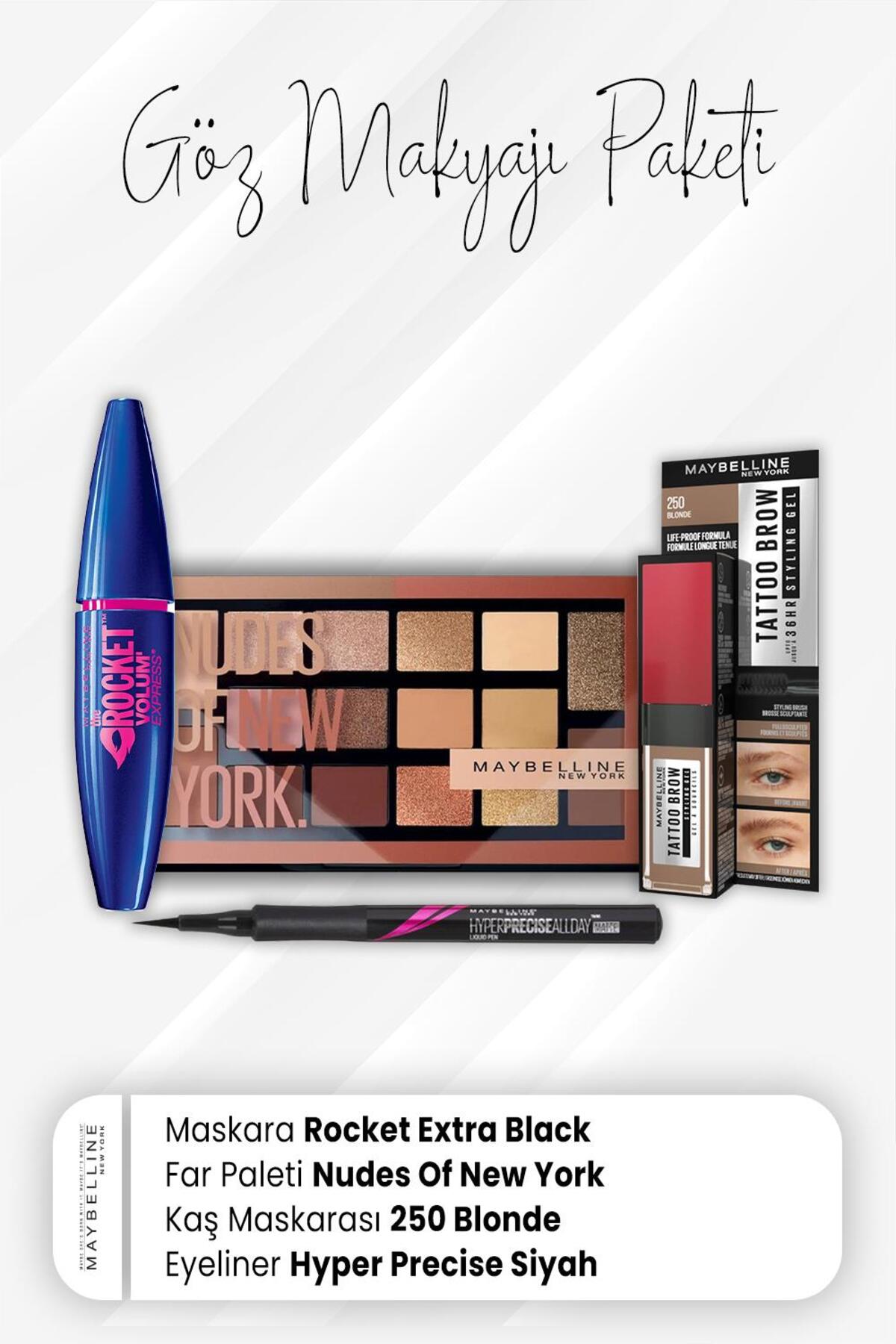 Hyper Eyeliner Mat Siyah, Tatto Kaş Boyası 250, Far Paleti 010 ve Rocket Maskara