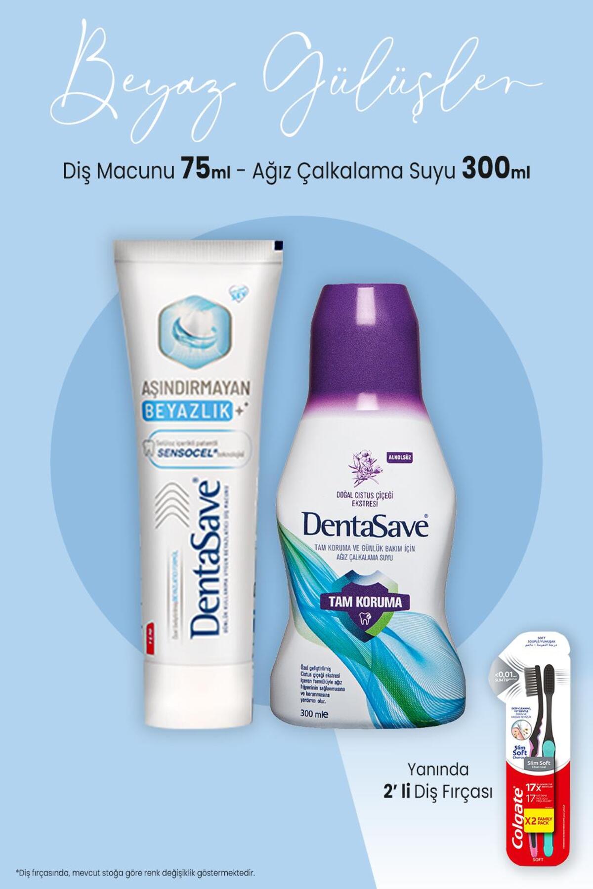 Aşındırmayan Beyazlık 75 ml, Çalkalama Suyu Tam Koruma 300 ml ve 2'li Diş Fırçası
