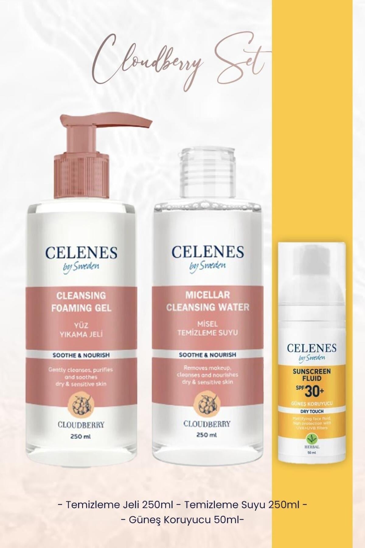 By Sweden Cloudberry Temizleme Suyu 250 ml,Temizleme Jeli 250 ml ve Herbal Güneş Koruyucu 30