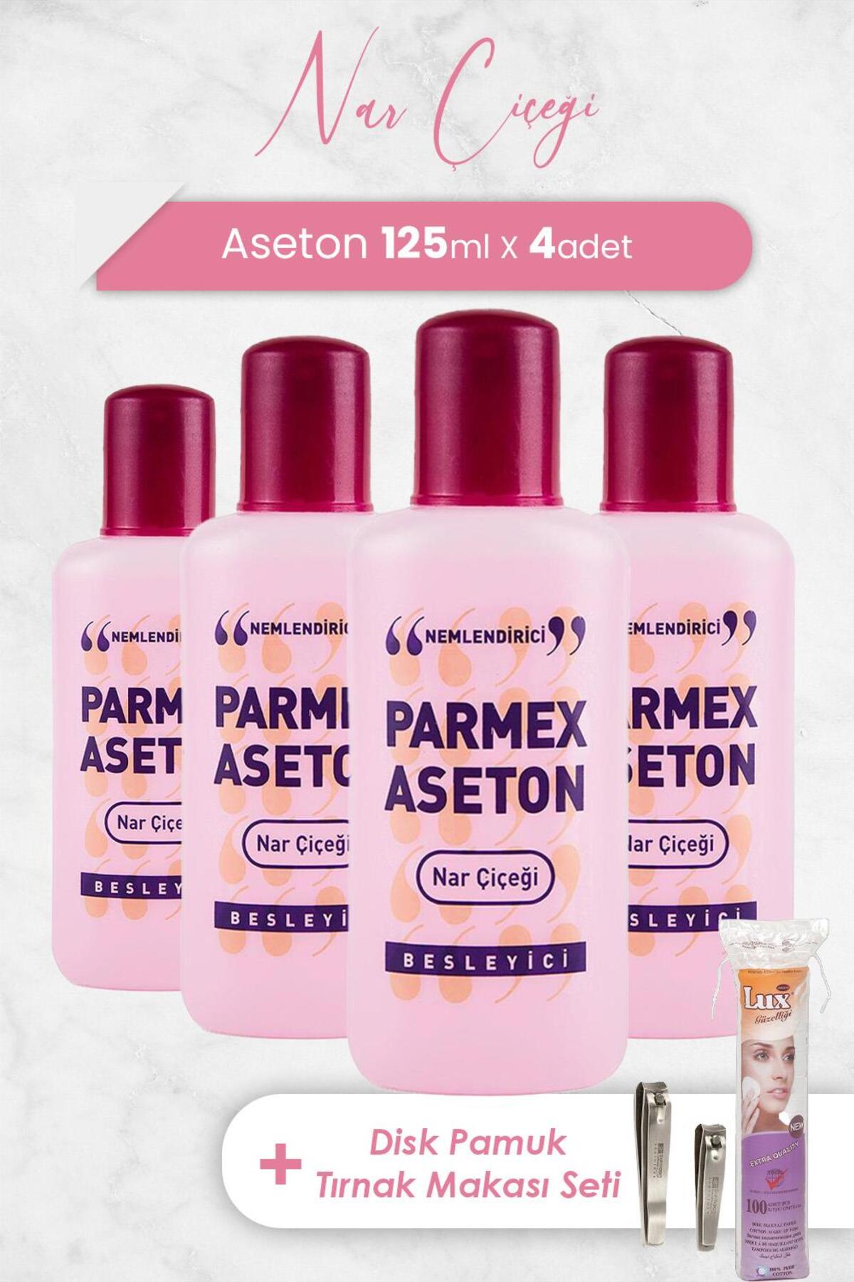 Aseton Nar Çiçeği Pembe 125 ml X 4 Adet, Disk Pamuk 100'lü Ve Tırnak Makası Seti