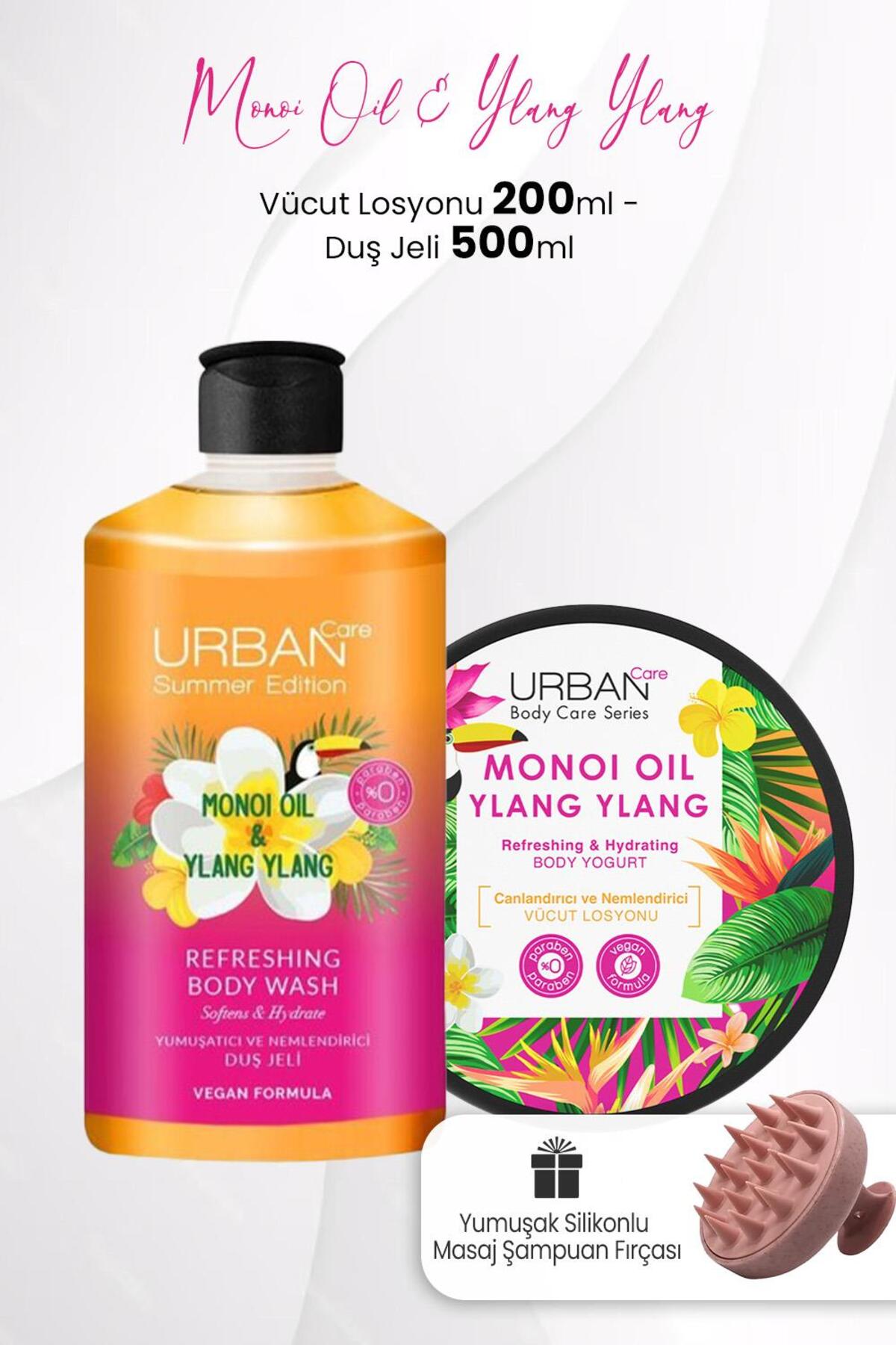 Monoi Oil & Ylang Vücut Losyonu 200 ml, Duş Jeli 500 ml ve Şampuan Fırçası Pembe