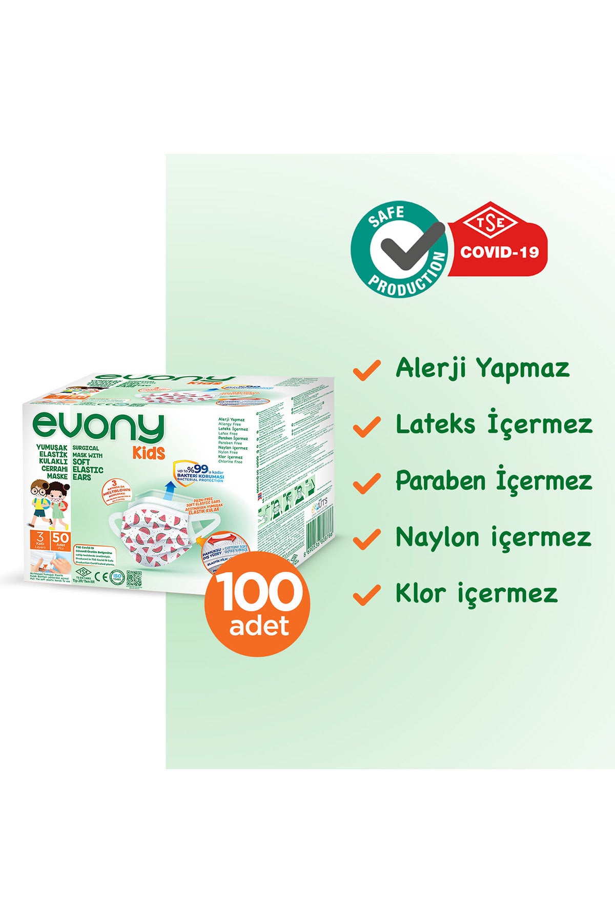 Elastik Kulaklı Çocuk Kıds Maske 100 Adet