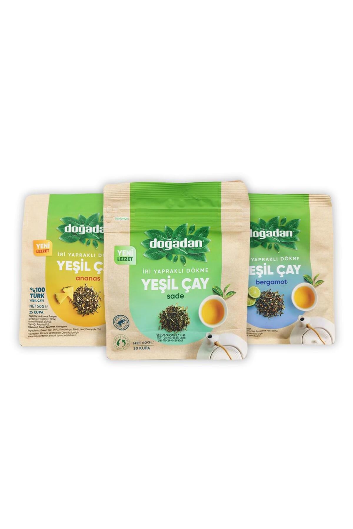 Dökme Yeşil Çay Sade 60 gr, Ananas 50 gr ve Bergamot 50 gr