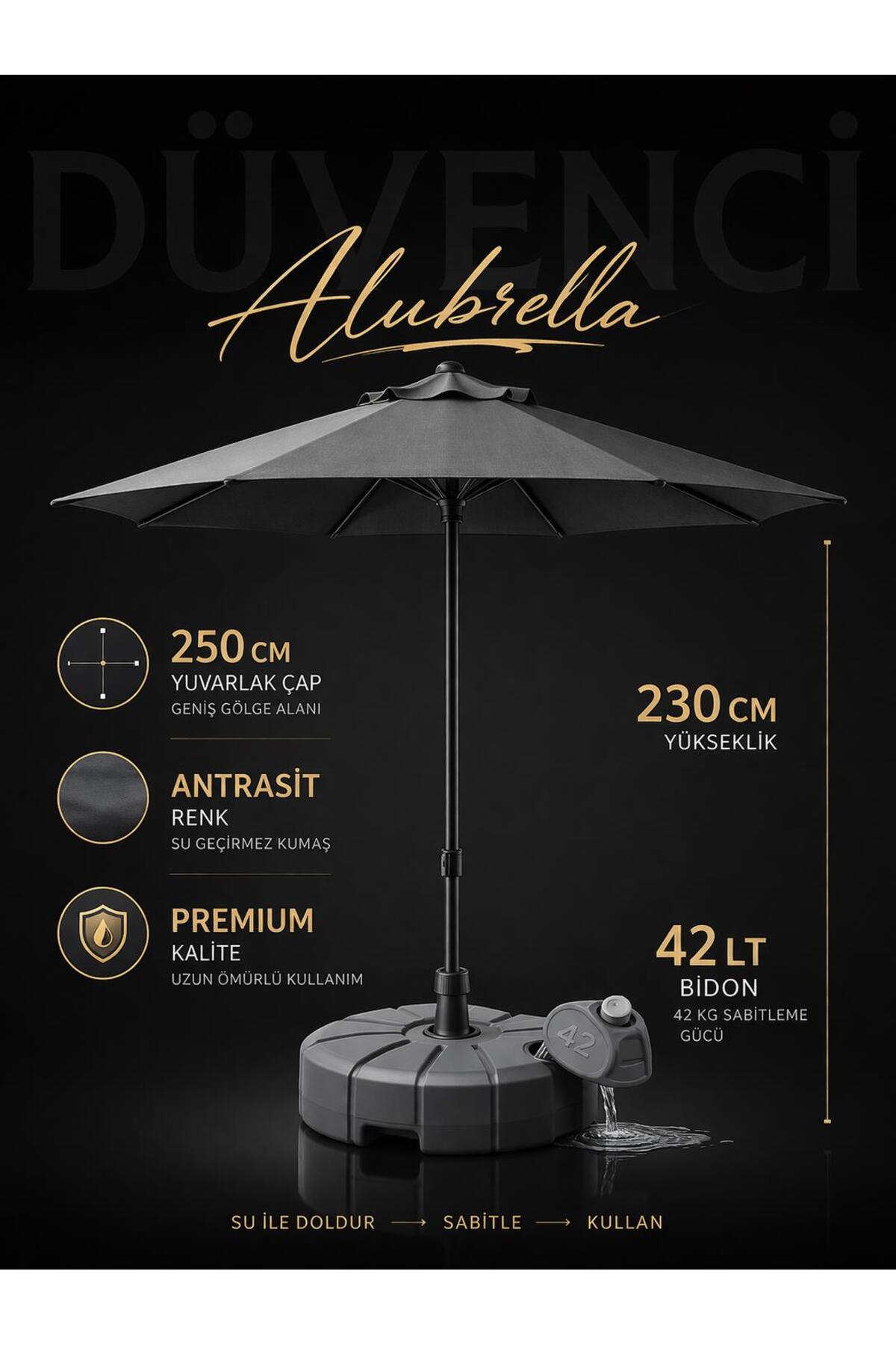 Alubrella Antrasit Renk Bahçe Şemsiyesi Yuvarlak, 250 CM Çaplı, Su Geçirmez Kumaş, Bidonlu