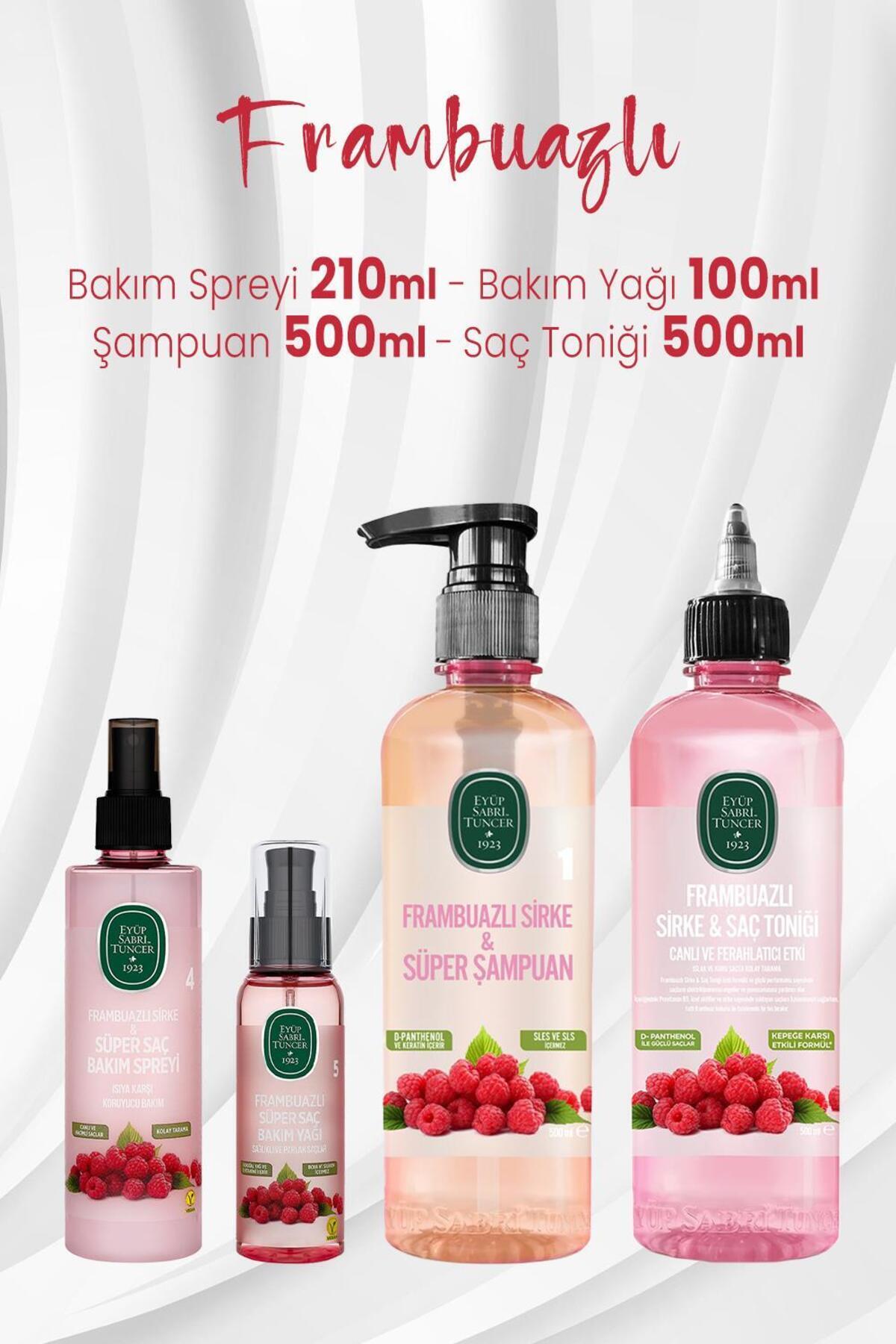 Frambuazlı Saç Bakım Spreyi 210 ml, Saç Yağı 100 ml, Şampuan 500 ml ve Toniği 500