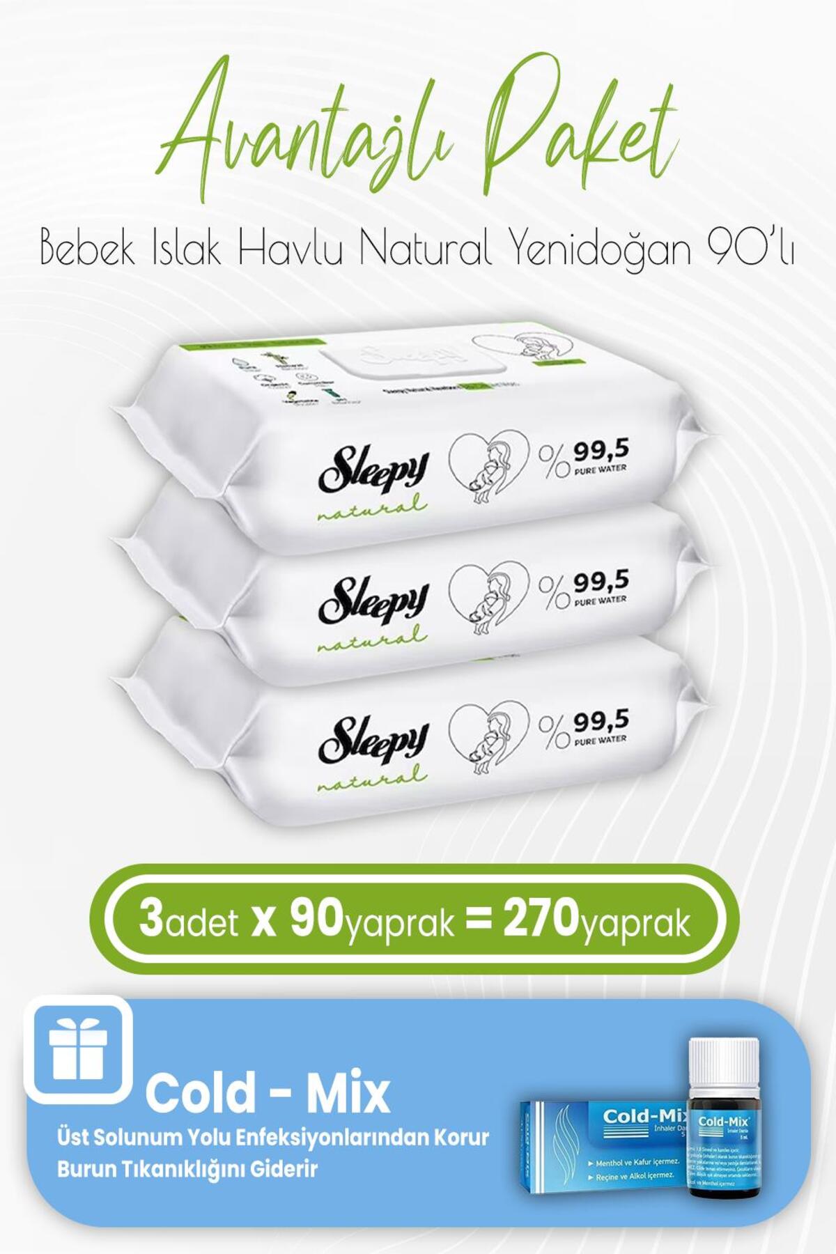 Natural Yenidoğan Islak Mendili 90 Adet x 3 Adet ve Cold-Mix 5 ml (Mavi)