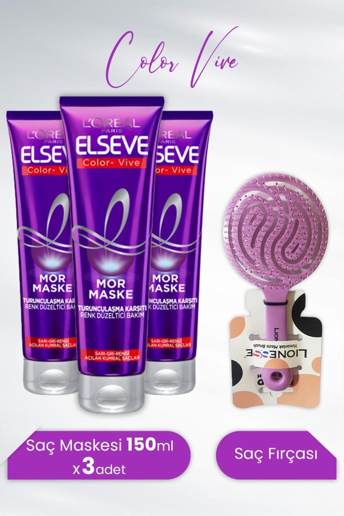Color Vive Mor Maske Turunculaşma Karşıtı 150 ml x 3 Adet ve Tarko Lionesse Saç Fırçası Yuva