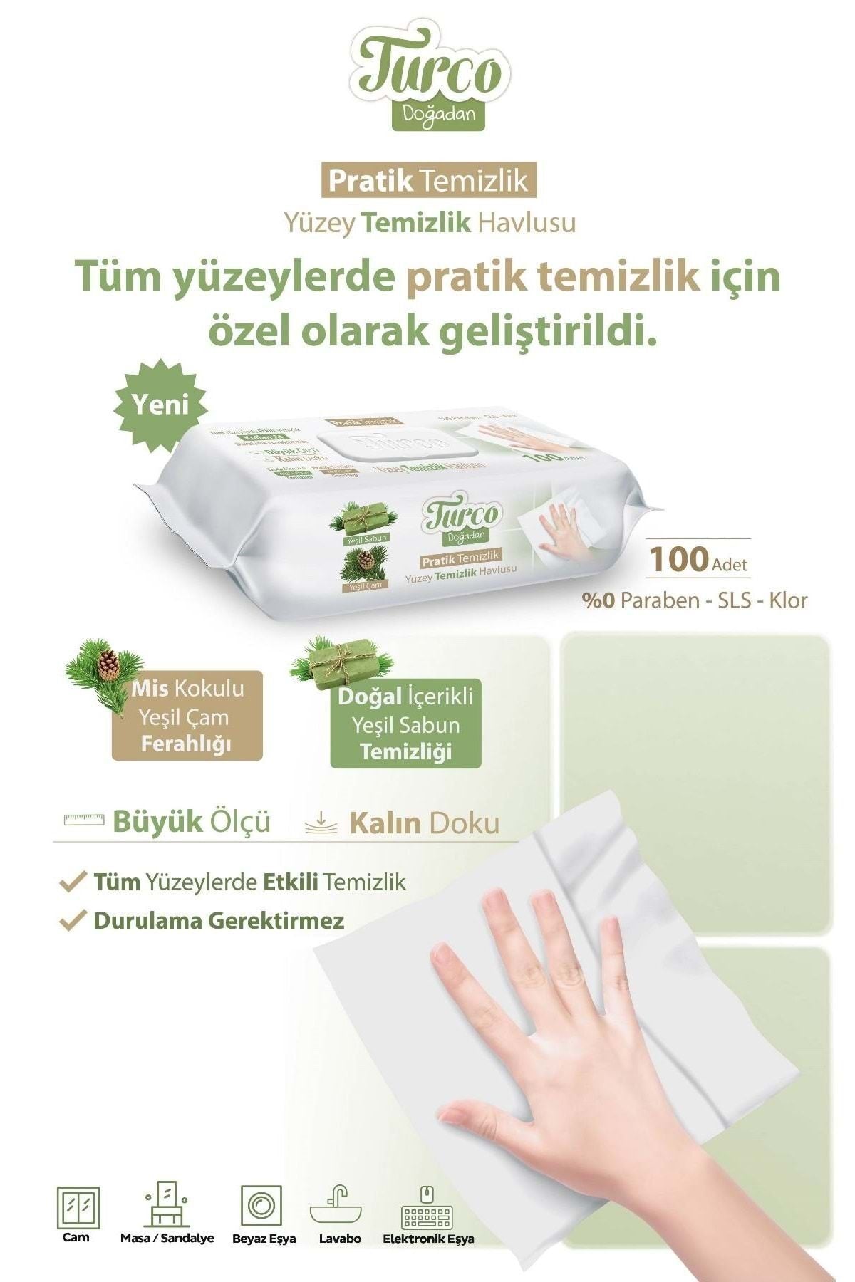 Turco Doğadan Pratik Yüzey Temizlik Havlusu 100 Yaprak Yeşil Sabun/Yeşil Çam (3 Lü Set) 3