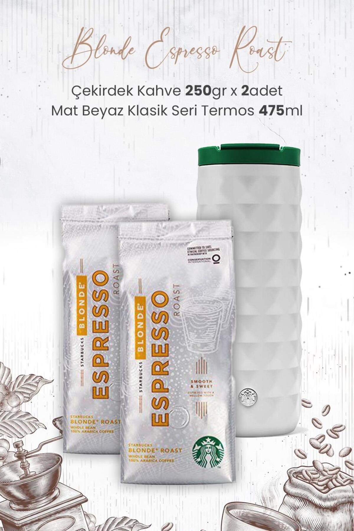Blonde Espresso Roast Çekirdek Kahve 250 gr x 2 Adet ve Mat Beyaz Termos 473 ml