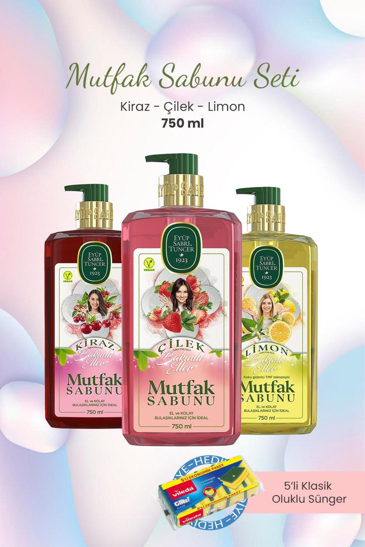 Çilekli,Kirazlı,Limonlu Mutfak Sabunu 750 ml ve Bulaşık Süngeri