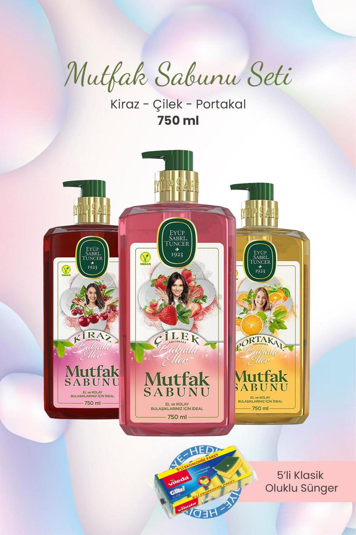 Mutfak Sabunu Çilekli,Kirazlı,Portakallı 750 ml ve Bulaşık Süngeri