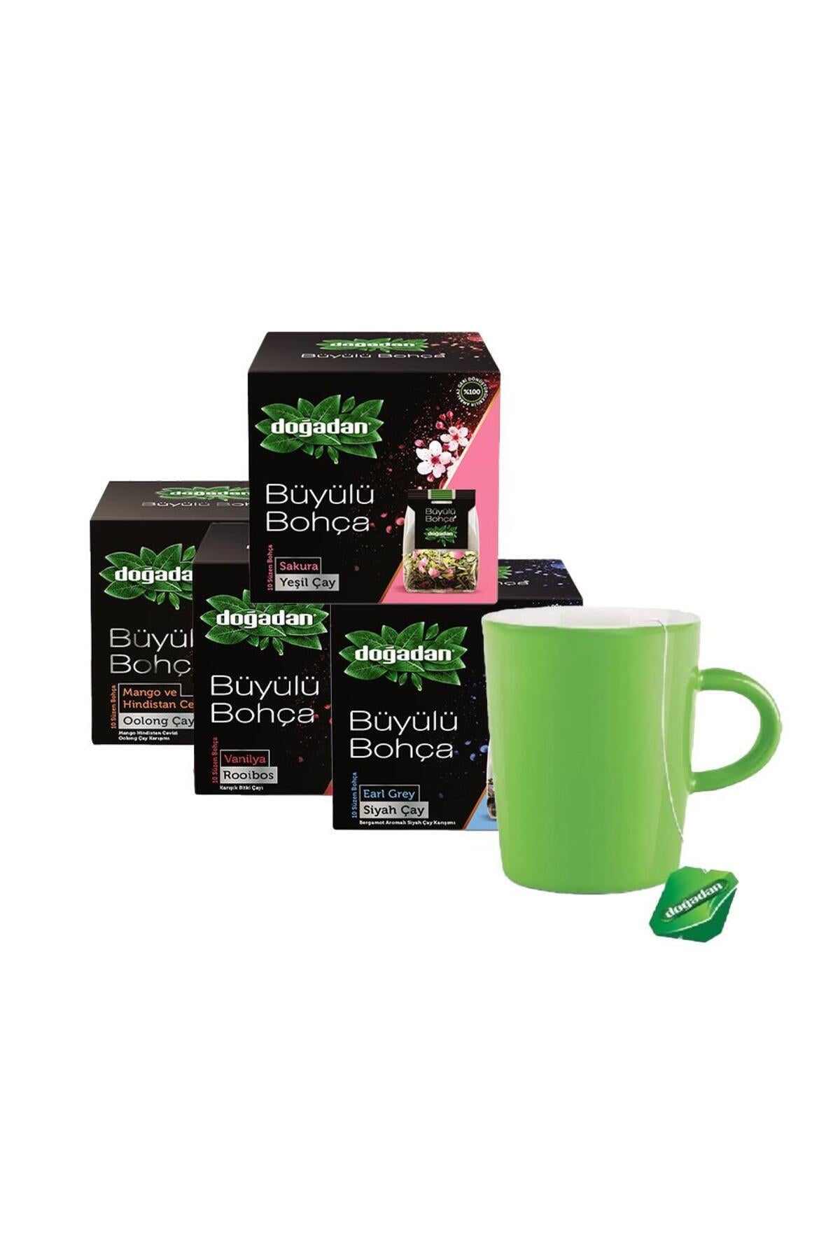 Büyülü Bohça Çay Seti Yeşil Kupa Hediyeli (Rooibos, Sakura, Earl Grey, Oolong)