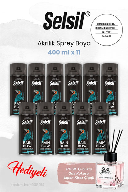 11 adet Buzdolabı Beyazı Akrilik Sprey Boya 400 ml, ROSIE oda kokusu
