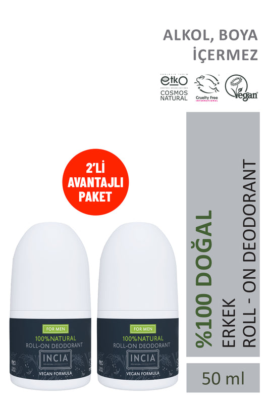 %100 Doğal Roll On Deodorant Erkekler İçin Ter Kokusu Önleyici Lekesiz 50 ml X 2 Adet