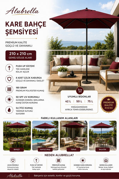 ALUBRELLA Premium 210 x 210 cm Kare Bahçe Şemsiyesi, 180 gr Polyester, 50 SPF UV Korumalı, 8 Çelik Kaburga, Bidonsuz