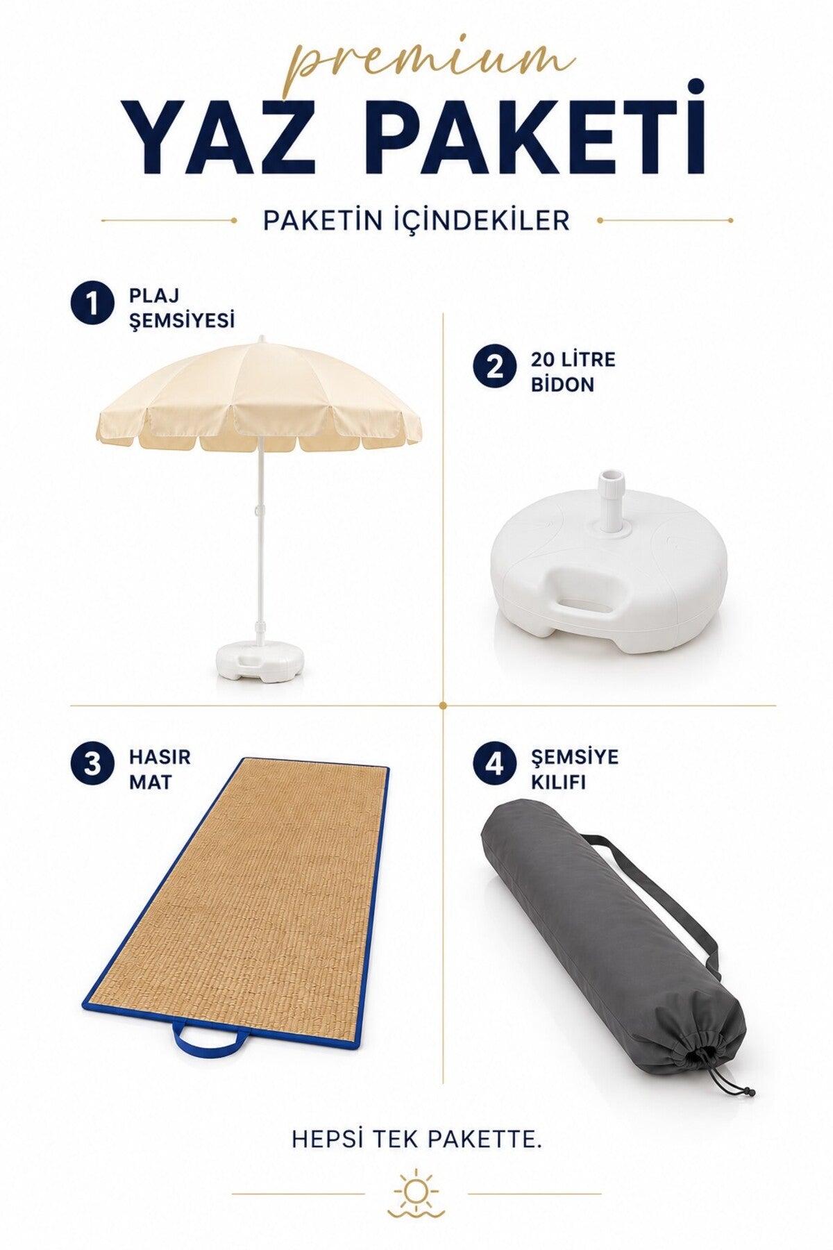 Plaj Yaz Paketi, Şemsiye+Hasır Mat+Bidon+Kılıf