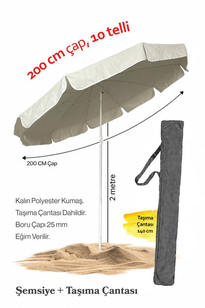 Krem Renkli 200 cm Çap ve 10 Telli Plaj Şemsiyesi + Şemsiye Kılıfı, BİDONSUZ