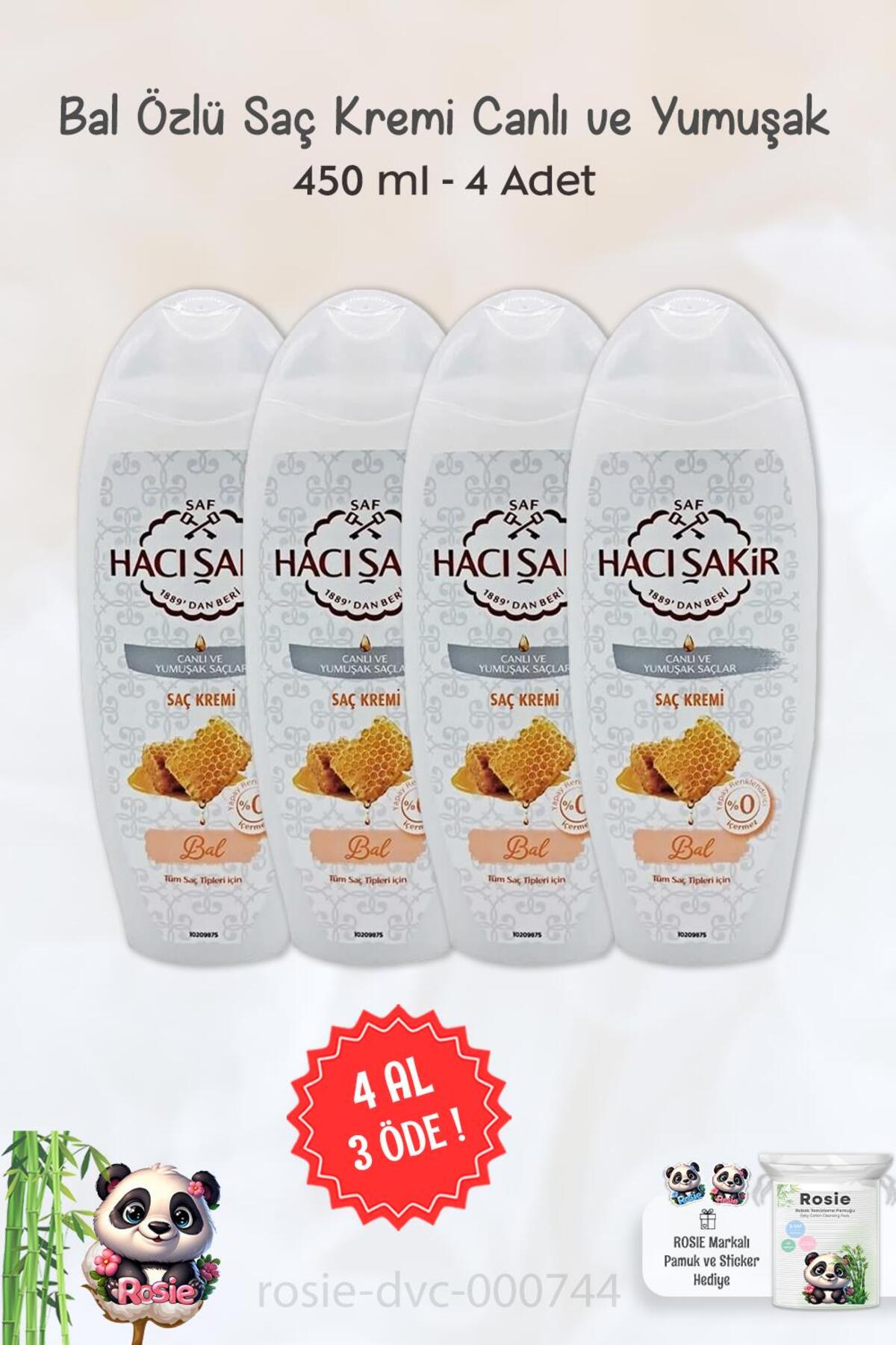 4 AL 3 ÖDE Hacı Şakir Bal Saç Kremi Canlı Ve Yumuşak Saçlar 450 ml ve ROSIE