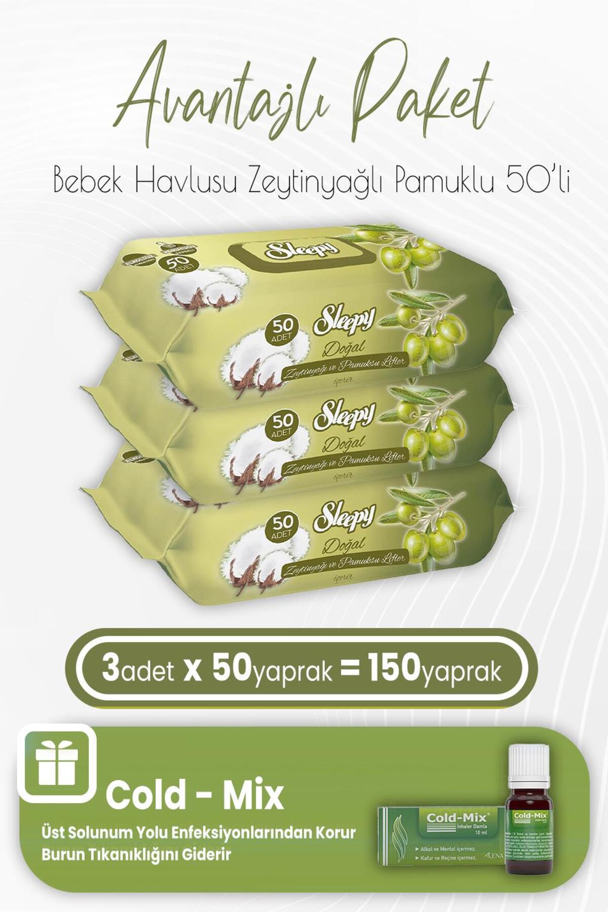 Zeytinyağlı Pamuklu Bebek Havlusu 50 x 3 (150 Yaprak) ve İnhaler Damla (Yeşil)