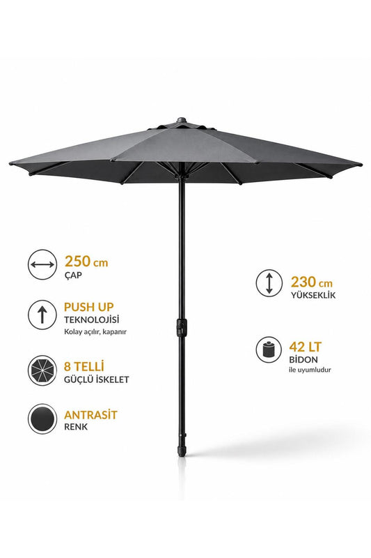 Yuvarlak Güneş Şemsiyesi Alubrella Antrasit Renk 250 CM Çap Bidonsuz