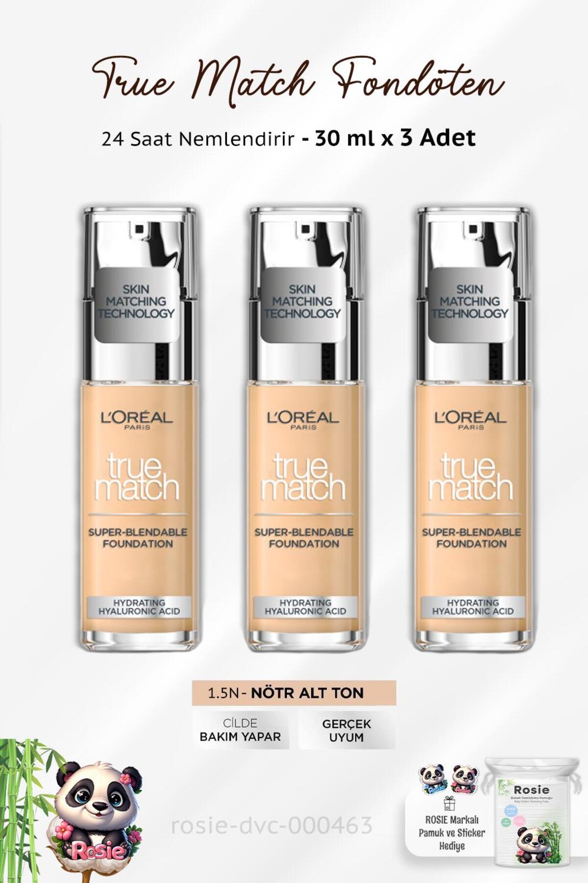 3 Adet Loreal Paris True Match Fondöten 1.5N Nötr Alt Ton ve ROSIE Pamuk