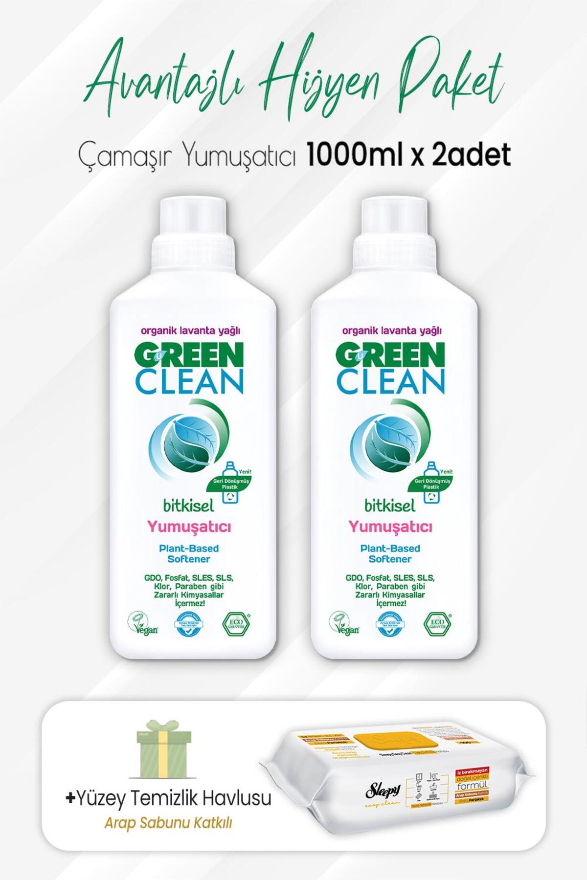 Bitkisel Yumuşatıcı Lavanta 1 lt x 2 Adet ve Arap Sabunlu Temizlik Havlusu 100' lü