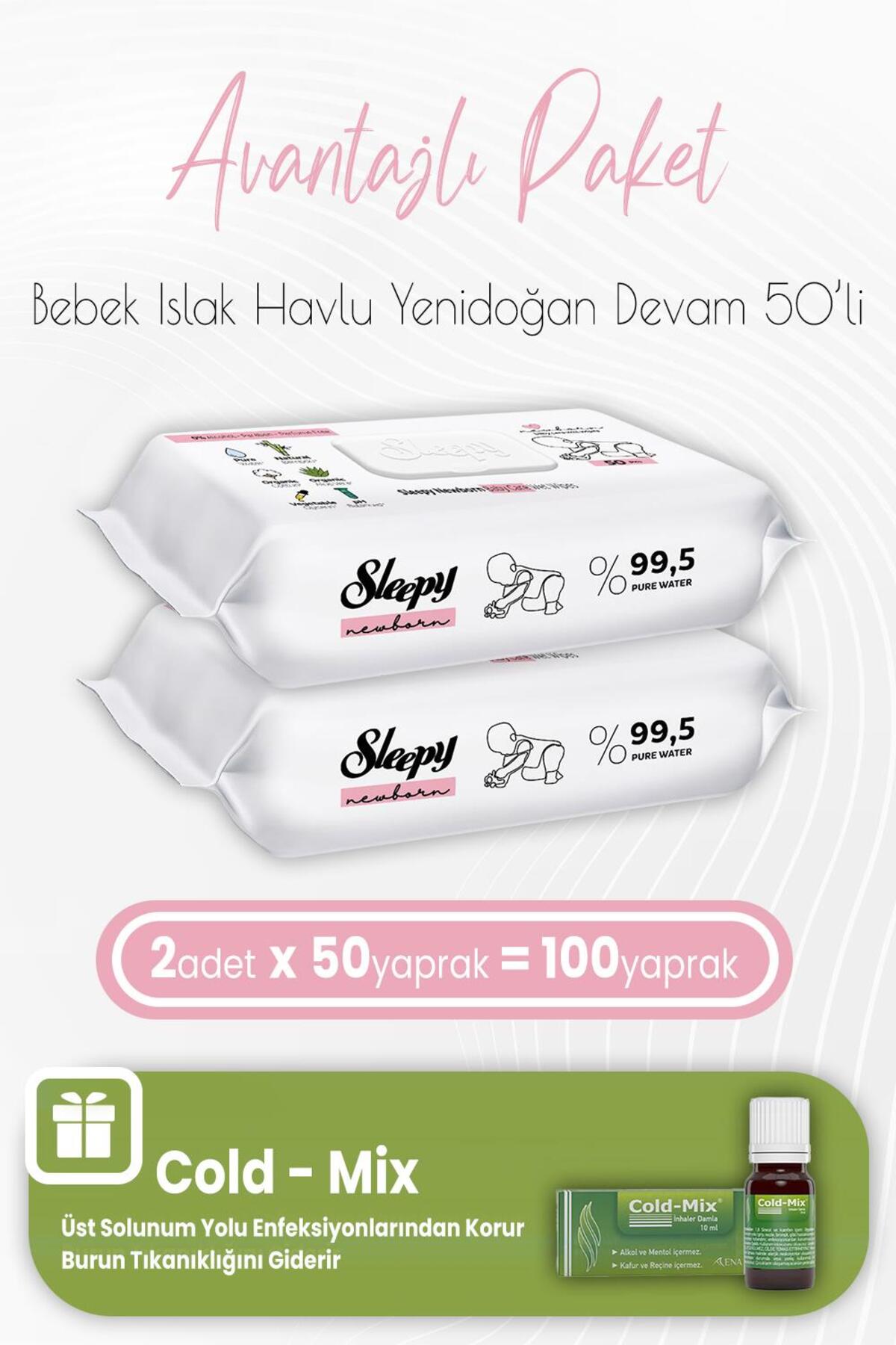 Yenidoğan Devam Islak Bebek Bakım Havlusu 50'li x 2 Adet ve Cold-Mix 10 ml (Yeşil)