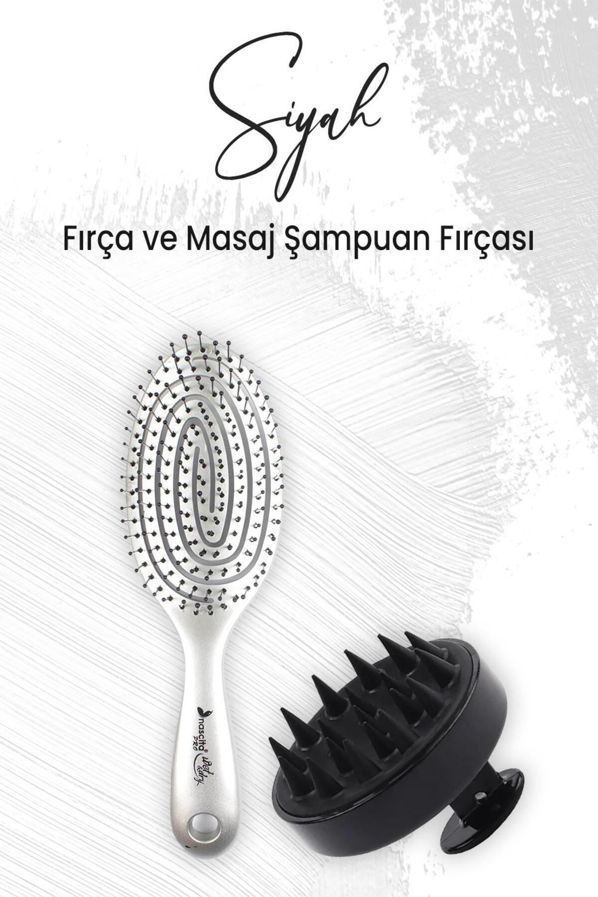Yumuşak Silikonlu Masaj Şampuan Fırçası Siyah ve Üç Boyutlu Oval Fırça Gri
