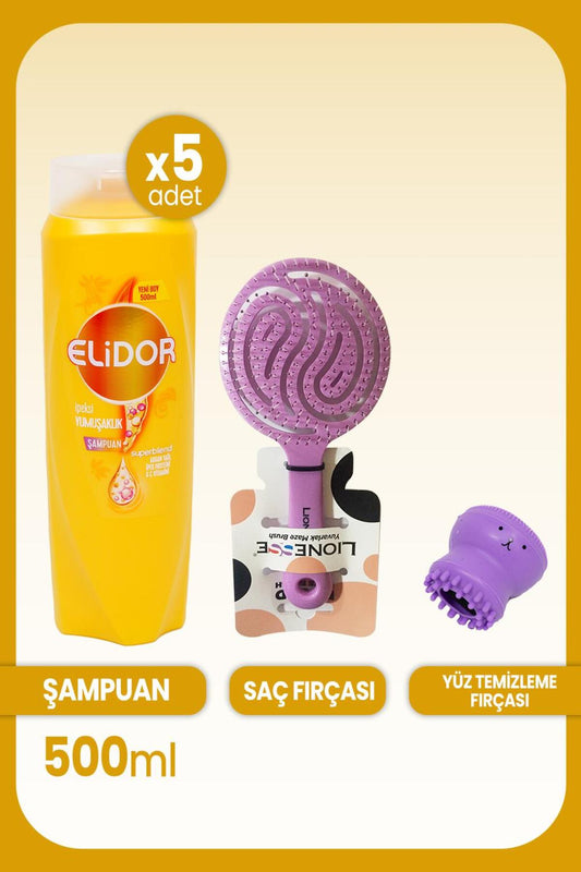 Superblend Şampuanİpeksi Yumuşaklık 500 ml x 5 Adet, Saç Fırçası ve Yüz Temizleme Fırçası