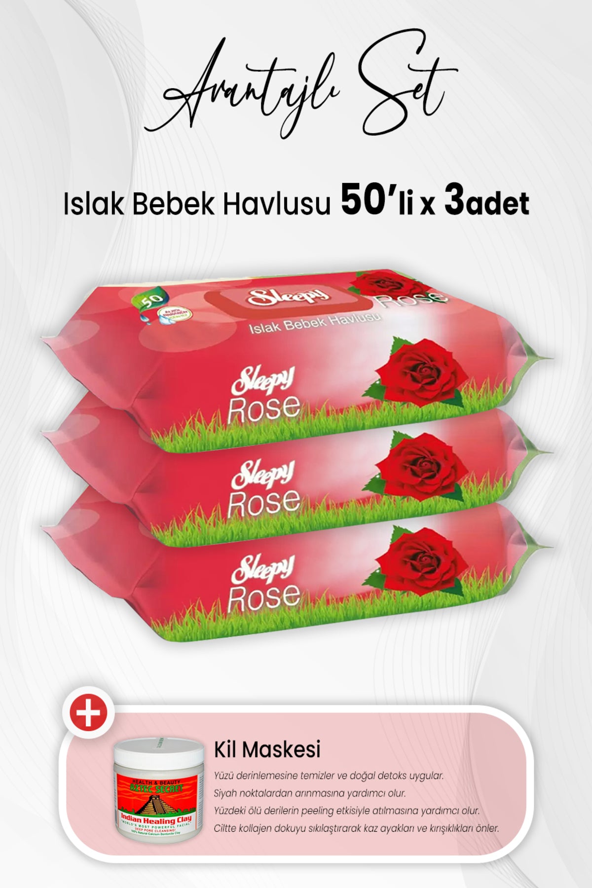 Gül Kokulu Islak Bebek Havlusu 50 Yaprak x 3 Adet ve Kil Maskesi