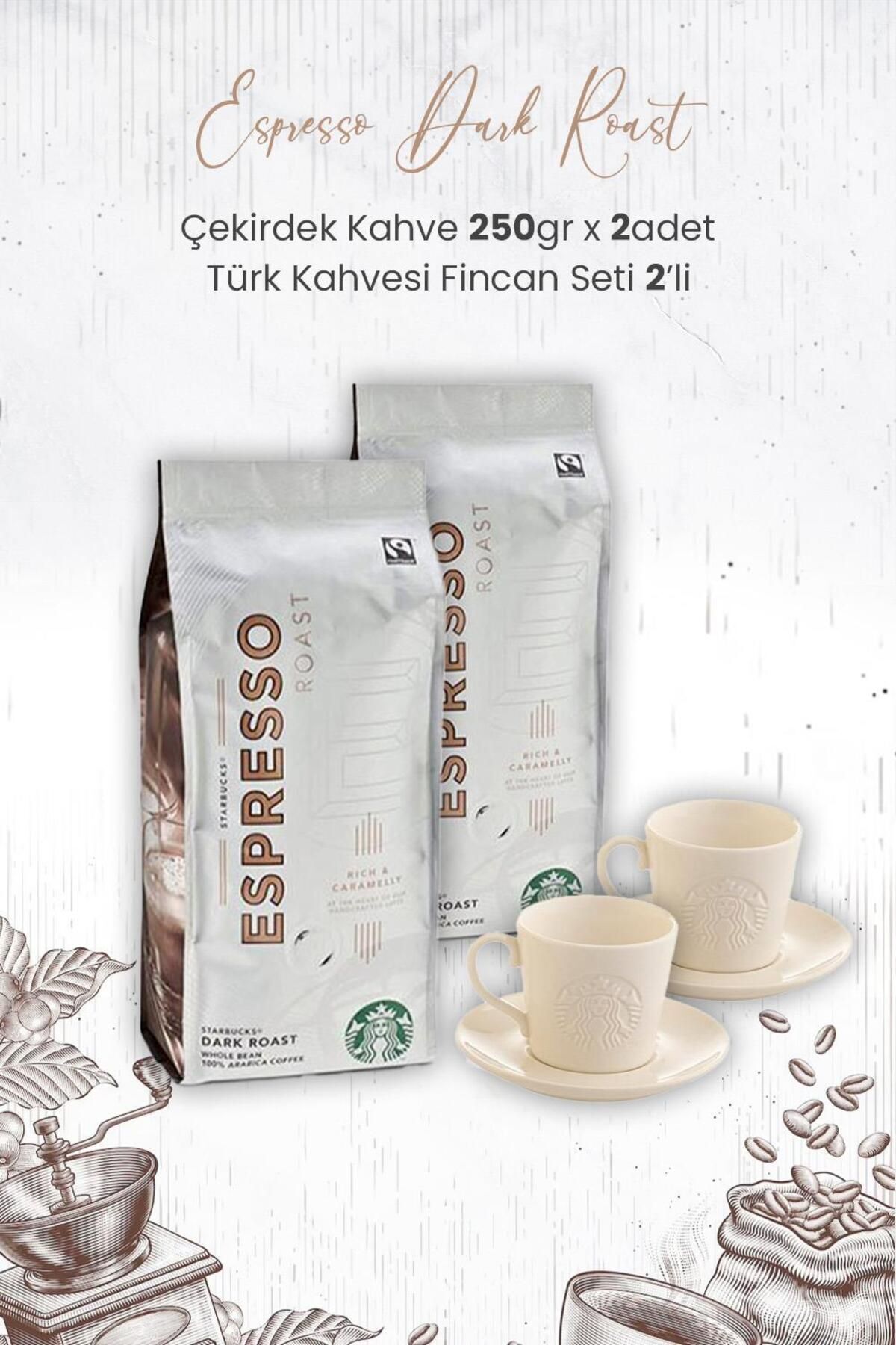 Espresso Dark Roast Çekirdek Kahve 250 Gr x 2 Adet ve Türk Kahvesi Fincan Seti 2'li