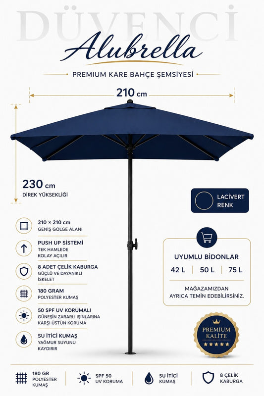 Alubrella Kare Lacivert Bahçe, Güneş Şemsiyesi 210x210/8 Çelik Tel BİDONSUZ