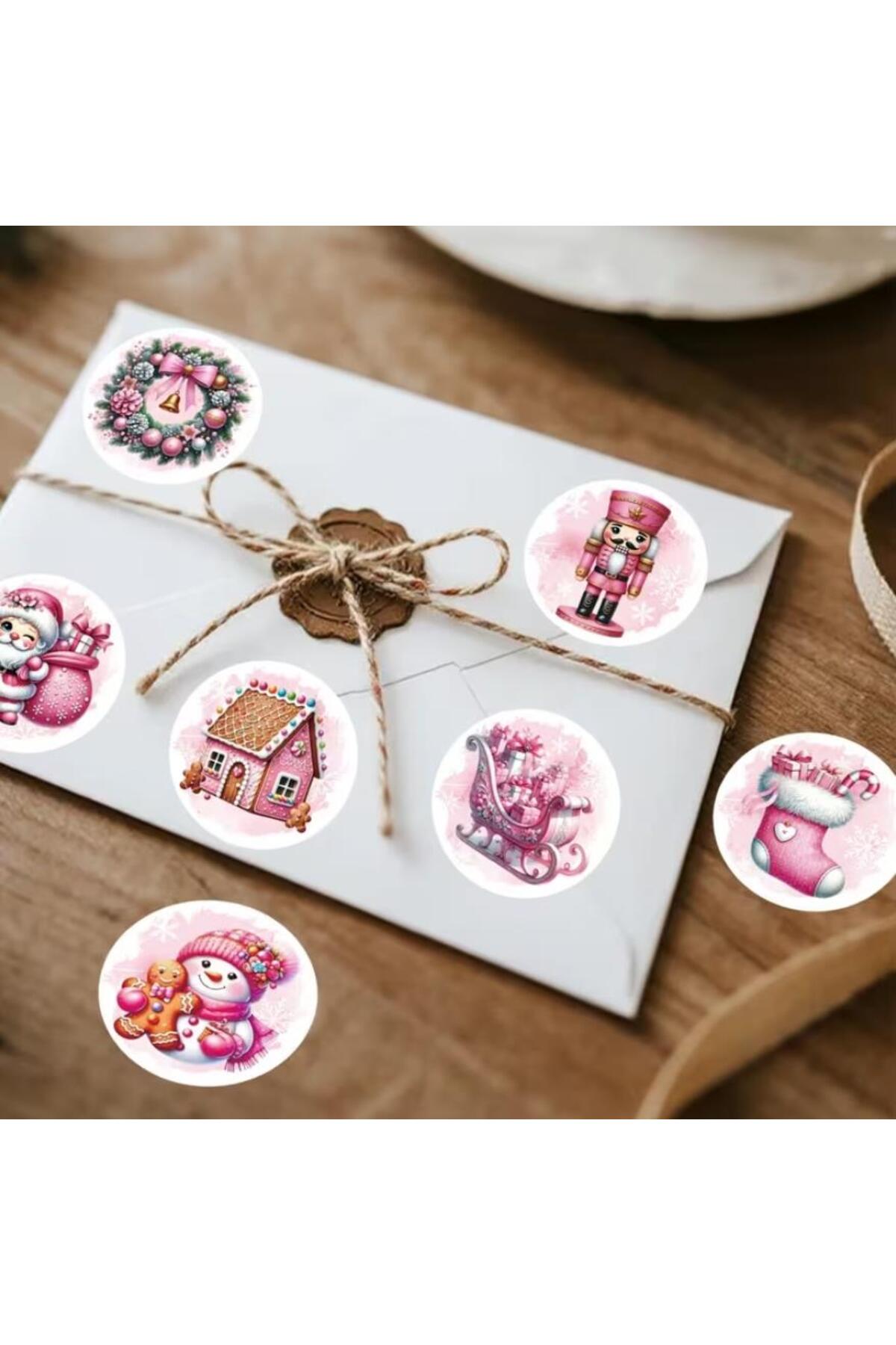 Rulo, 500 adet Pembe Noel Yuvarlak Etiketler, Noel Baba Kardan Adam