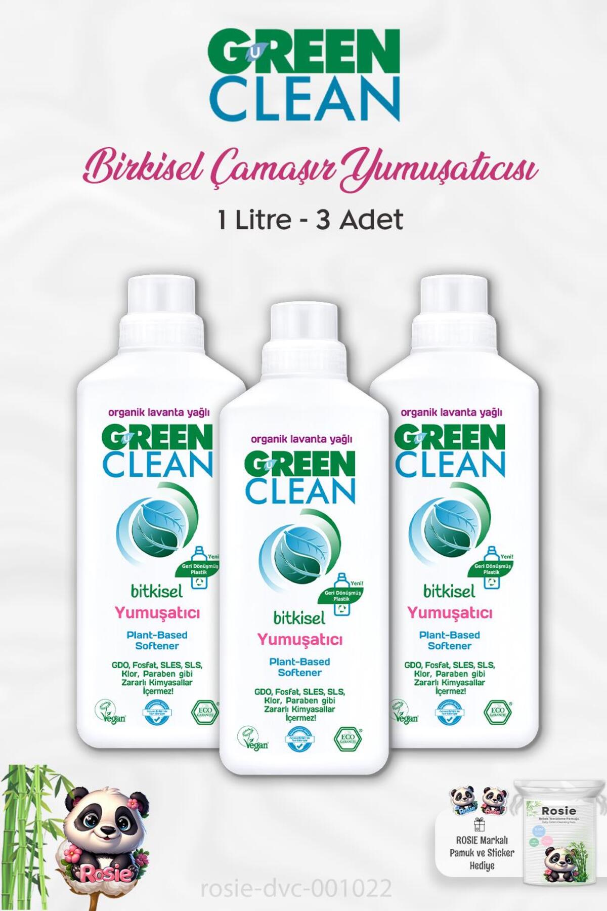 3 Adet Green Clean Bitkisel Çamaşır Yumuşatıcı Lavanta Yağlı 1 lt ve ROSIE